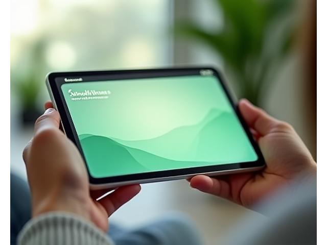 Person using a mindfulness app on a tablet, with a serene background, illustrating digital tools for stress relief.